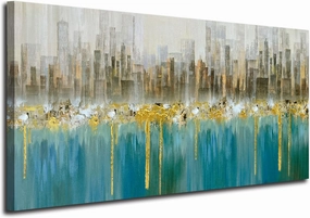 Ardemy Teal Abstract Cityscape Canvas Wall Art Modern Skyline Gold Textured Painting, Grey Buildings Large Size 40"x20" Picture Turquoise Artwork Framed for Living Room Bedroom Home Office Wall Decor