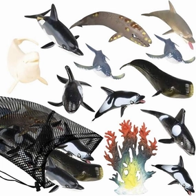 ArtCreativity Dolphins & Whales in Mesh Bag, Pack of 12 Sea Creature Figurines in Assorted Designs, Bath Water Toys for Kids, Ocean Life Party Décor, Party Favors for Boys and Girls