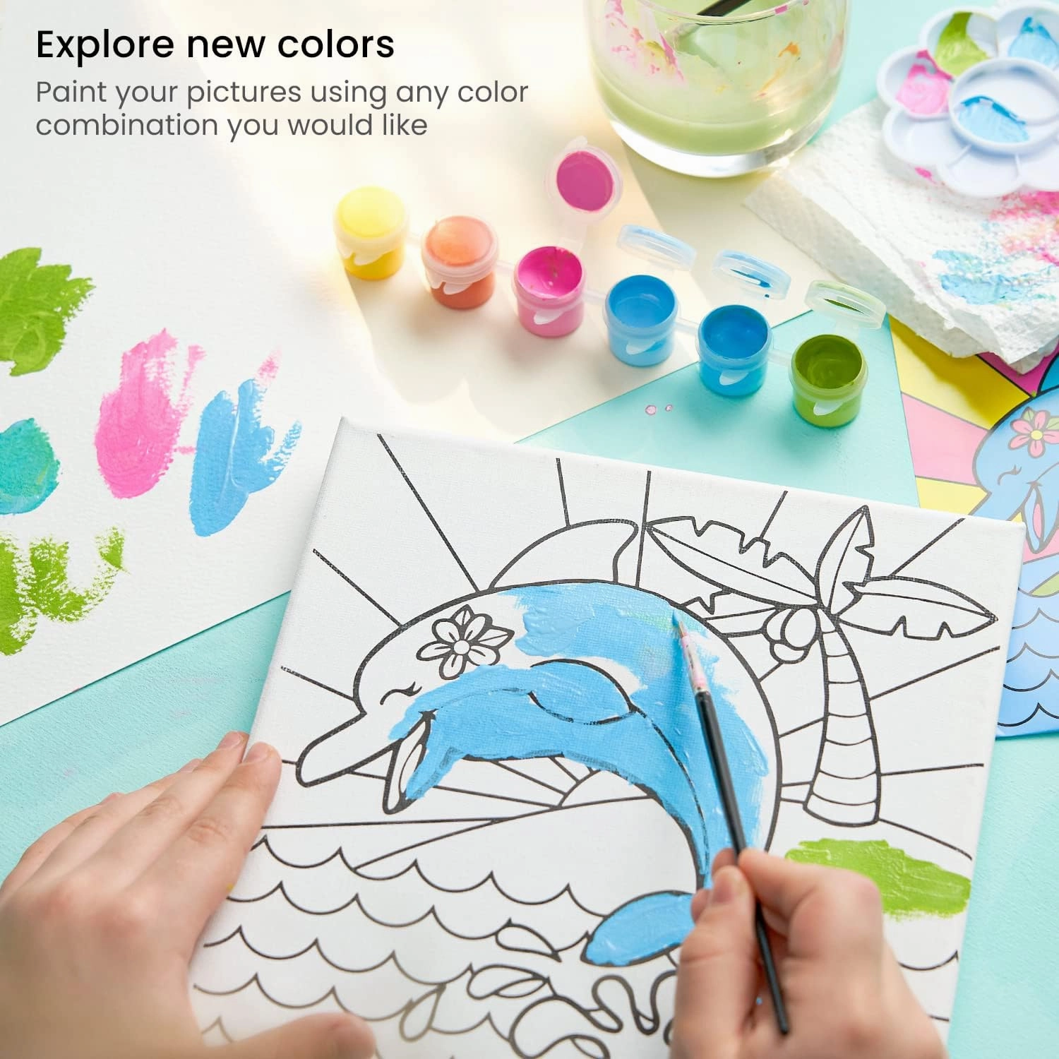 ARTEZA Kids Water Creatures Painting Kit, 4 Canvases 8 x 8 Inches, 24 Acrylic Paints, 4 Paint Brushes, 4 Palettes, Kids Activities Ages 6 and Up