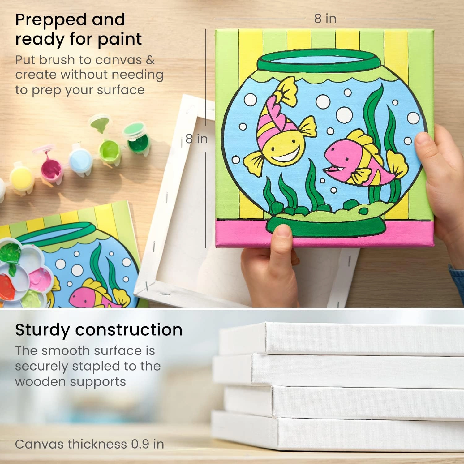 ARTEZA Kids Water Creatures Painting Kit, 4 Canvases 8 x 8 Inches, 24 Acrylic Paints, 4 Paint Brushes, 4 Palettes, Kids Activities Ages 6 and Up