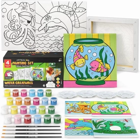 ARTEZA Kids Water Creatures Painting Kit, 4 Canvases 8 x 8 Inches, 24 Acrylic Paints, 4 Paint Brushes, 4 Palettes, Kids Activities Ages 6 and Up