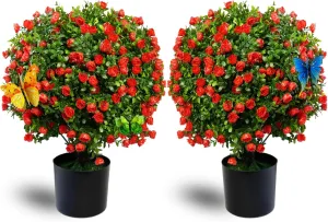 Artificial Plants Rose Topiary Ball Tree 20.47” Tall Set of 2 Simulated Potted Plants and 12 Simulated Butterflies,Suitable for Indoor Outdoor Home Garden Potted Plants (Dark Red)