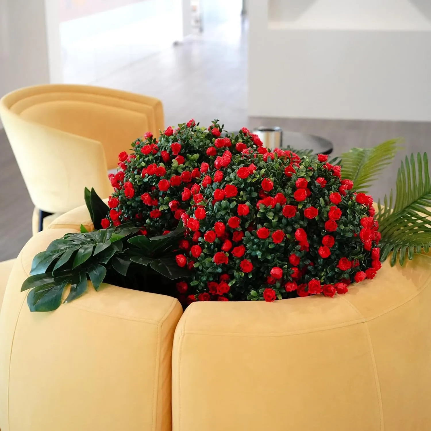 Artificial Plants Rose Topiary Ball Tree 20.47” Tall Set of 2 Simulated Potted Plants and 12 Simulated Butterflies,Suitable for Indoor Outdoor Home Garden Potted Plants (Dark Red)