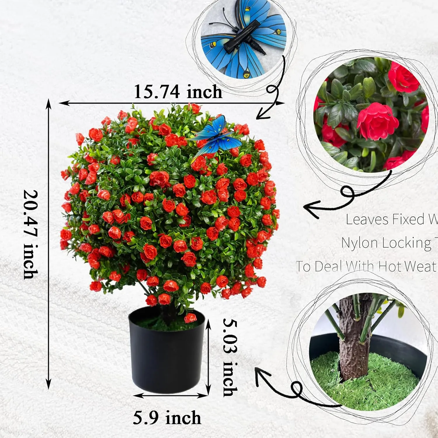 Artificial Plants Rose Topiary Ball Tree 20.47” Tall Set of 2 Simulated Potted Plants and 12 Simulated Butterflies,Suitable for Indoor Outdoor Home Garden Potted Plants (Dark Red)