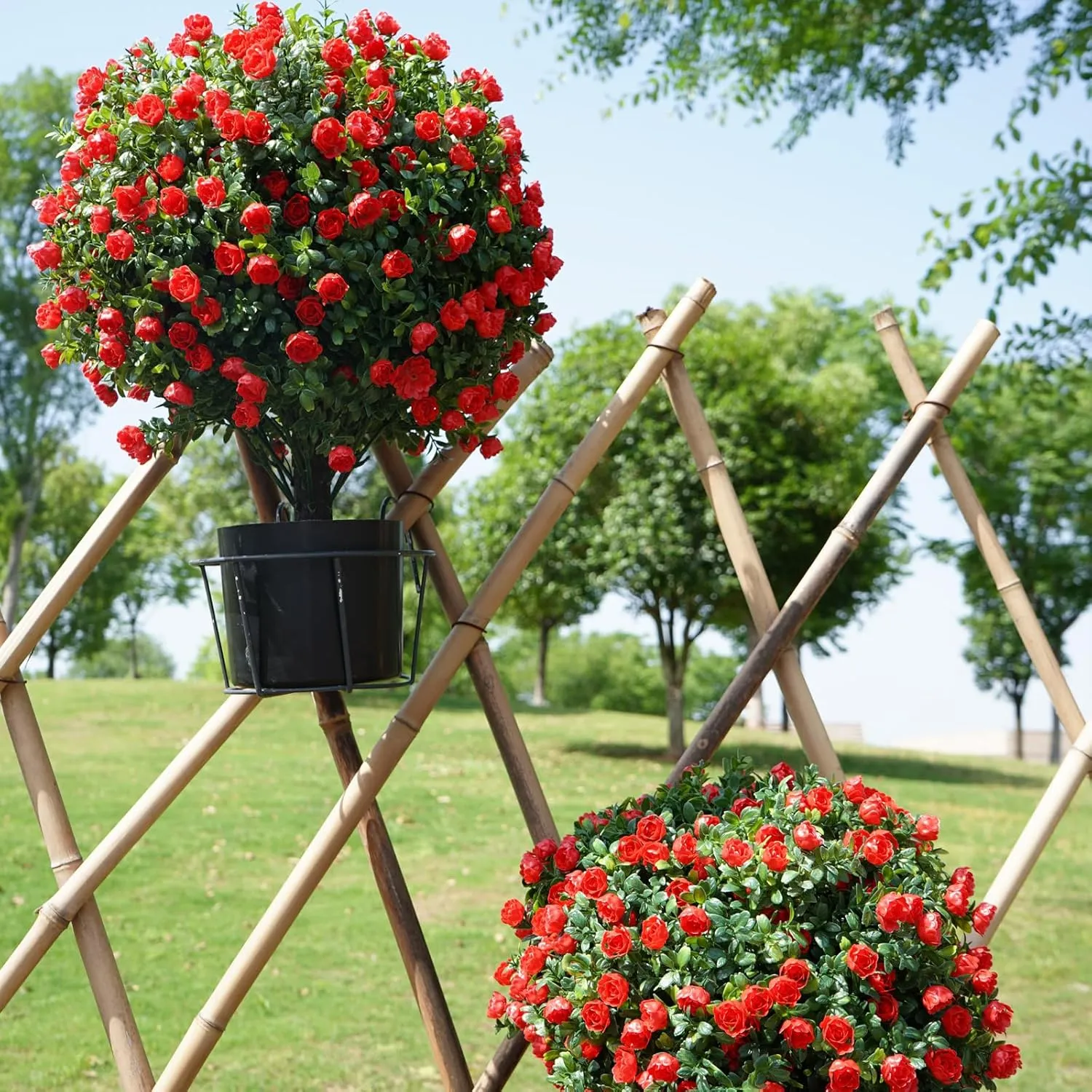 Artificial Plants Rose Topiary Ball Tree 20.47” Tall Set of 2 Simulated Potted Plants and 12 Simulated Butterflies,Suitable for Indoor Outdoor Home Garden Potted Plants (Dark Red)