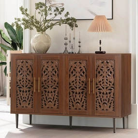 ARTPOWER 47.8" Accent Cabinet with 4 Doors, Vintage Hollow Carving Buffet Cabinet, Sideboards and Buffets with Storage Credenza for Living Room, Kitchen, Dining Room, Entryway, Hallway, Brown