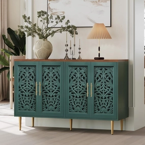 ARTPOWER 47.8" Accent Cabinet with 4 Doors, Vintage Hollow Carving Buffet Cabinet, Sideboards and Buffets with Storage Credenza for Living Room, Kitchen, Dining Room, Entryway, Hallway, Green