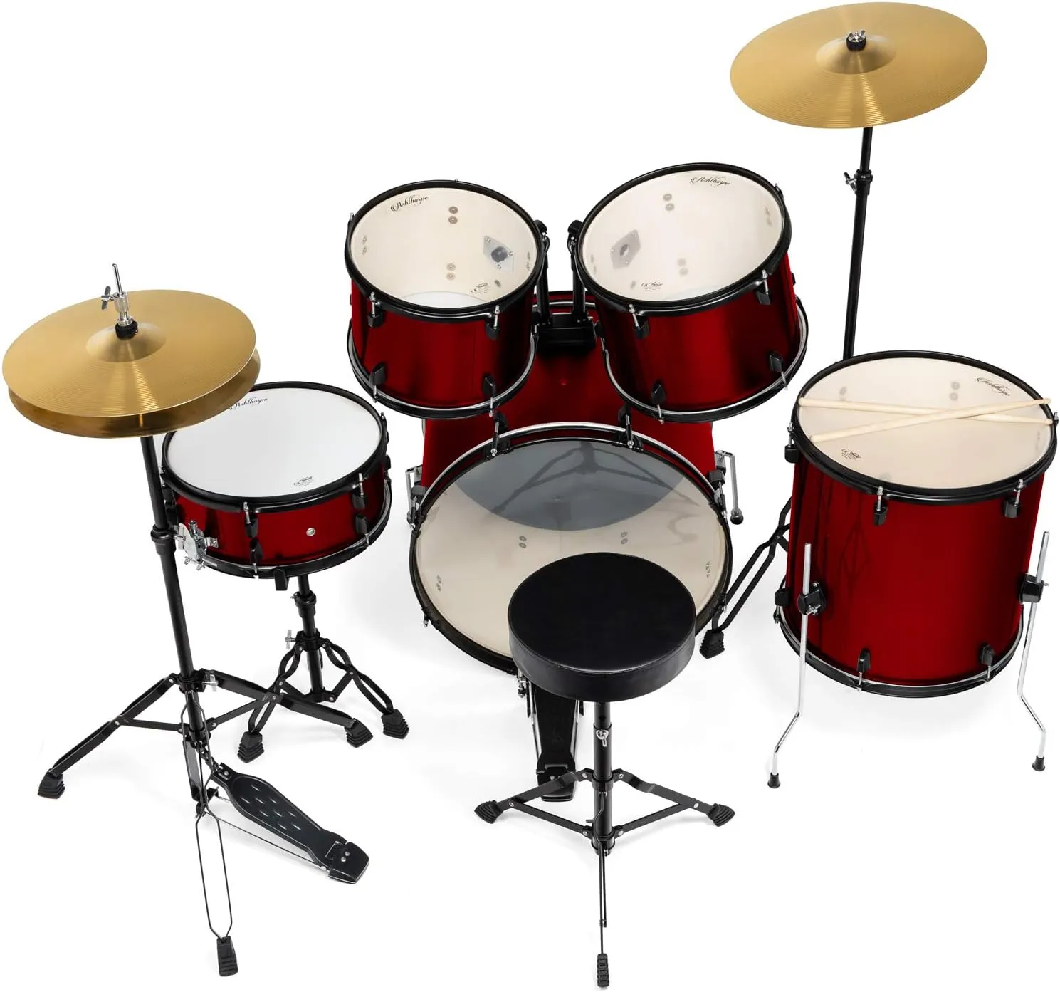Ashthorpe 5-Piece Complete Full Size Adult Drum Set with Remo Batter Heads - Red