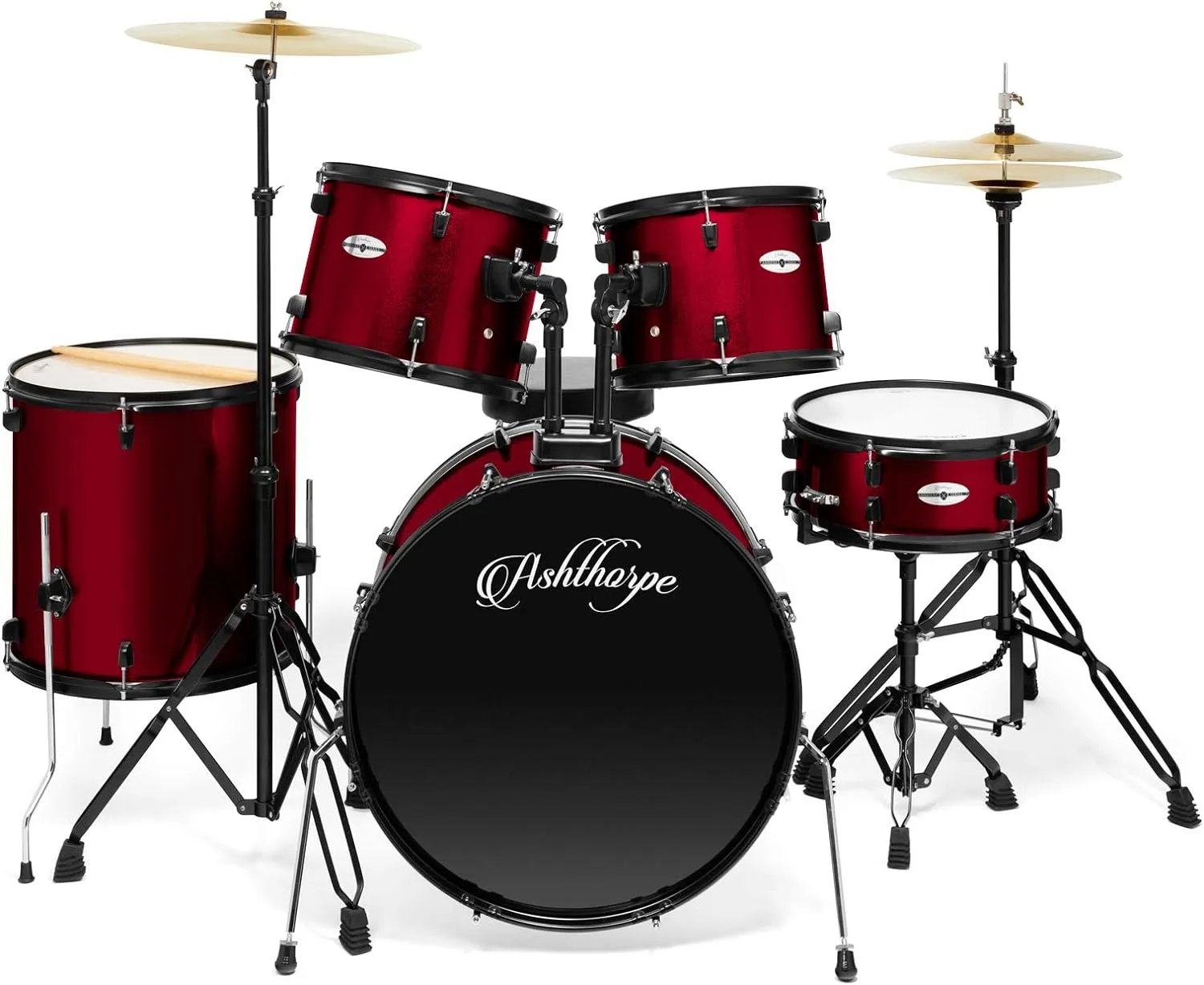 Ashthorpe 5-Piece Complete Full Size Adult Drum Set with Remo Batter Heads - Red