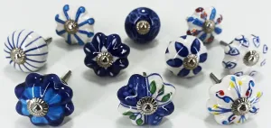 Assorted Ceramic Cabinet Knobs - Vintage Cabinet Cupboard Door & Drawer Pulls Chrome Hardware 01 (Set of 10 KNOBS, Navy Blue)