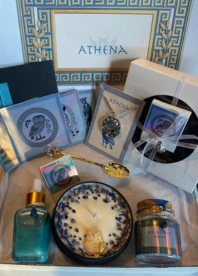 Athena LARGE altar set with lapis lazuli (soy candle, perfume oil, incense cones, ritual salt, pendant, sticker art, mini spoon) Greek goddess