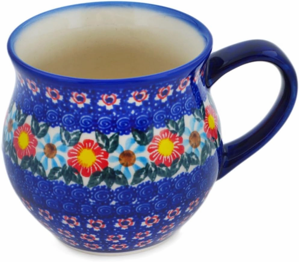 Authentic Polish Pottery Bubble Mug 12 oz Signature UNIKAT in Red-Hot Summer Design Handmade in Bolesławiec Poland by Ceramika Dalia   Certificate of Authenticity