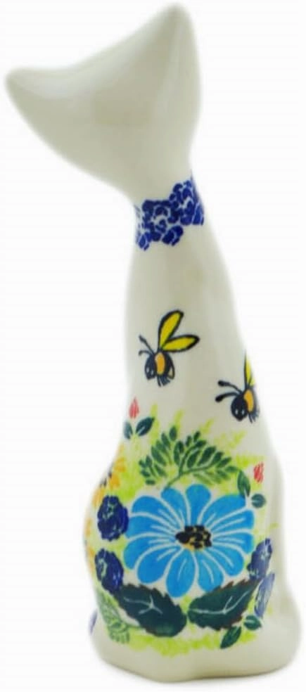 Authentic Polish Pottery Cat Figurine Signature UNIKAT in Summer Bees Design Handmade in Bolesławiec Poland by Ceramika Dalia   Certificate of Authenticity