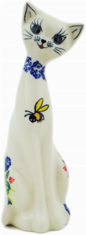 Authentic Polish Pottery Cat Figurine Signature UNIKAT in Summer Bees Design Handmade in Bolesławiec Poland by Ceramika Dalia   Certificate of Authenticity