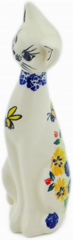 Authentic Polish Pottery Cat Figurine Signature UNIKAT in Summer Bees Design Handmade in Bolesławiec Poland by Ceramika Dalia   Certificate of Authenticity