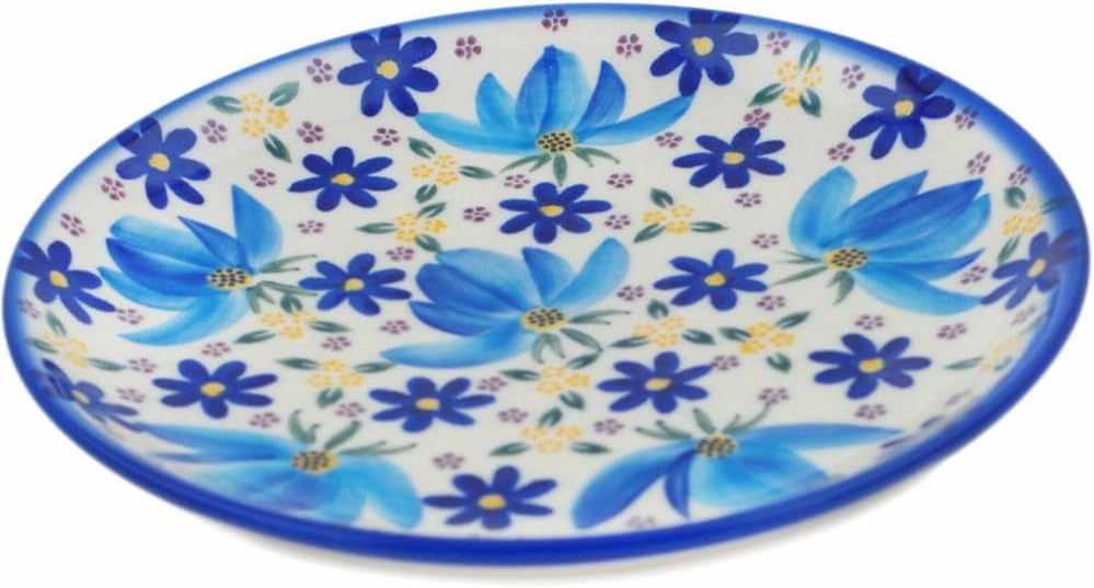 Authentic Polish Pottery Dessert Plate Signature UNIKAT in Azure Field Design Handmade in Bolesławiec Poland by Ceramika Dalia   Certificate of Authenticity