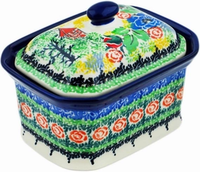 Authentic Polish Pottery Mini Cake Box 4", Salt Box, Signature UNIKAT in Hidden Chalet Design Handmade in Bolesławiec Poland by Ceramika Artystyczna   Certificate of Authenticity