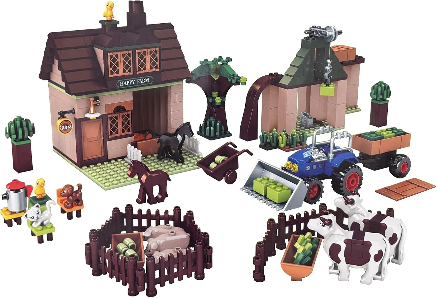 Autumn Organic Farmhouse Barn Animals Sanctuary Building Set,with Dolls,Cow, Dog, Pig,Horse Stable Toys,Tractor Toys Ect.Farm House Building Set,Gift for Kids 6  (Farmhouse 491Pcs)