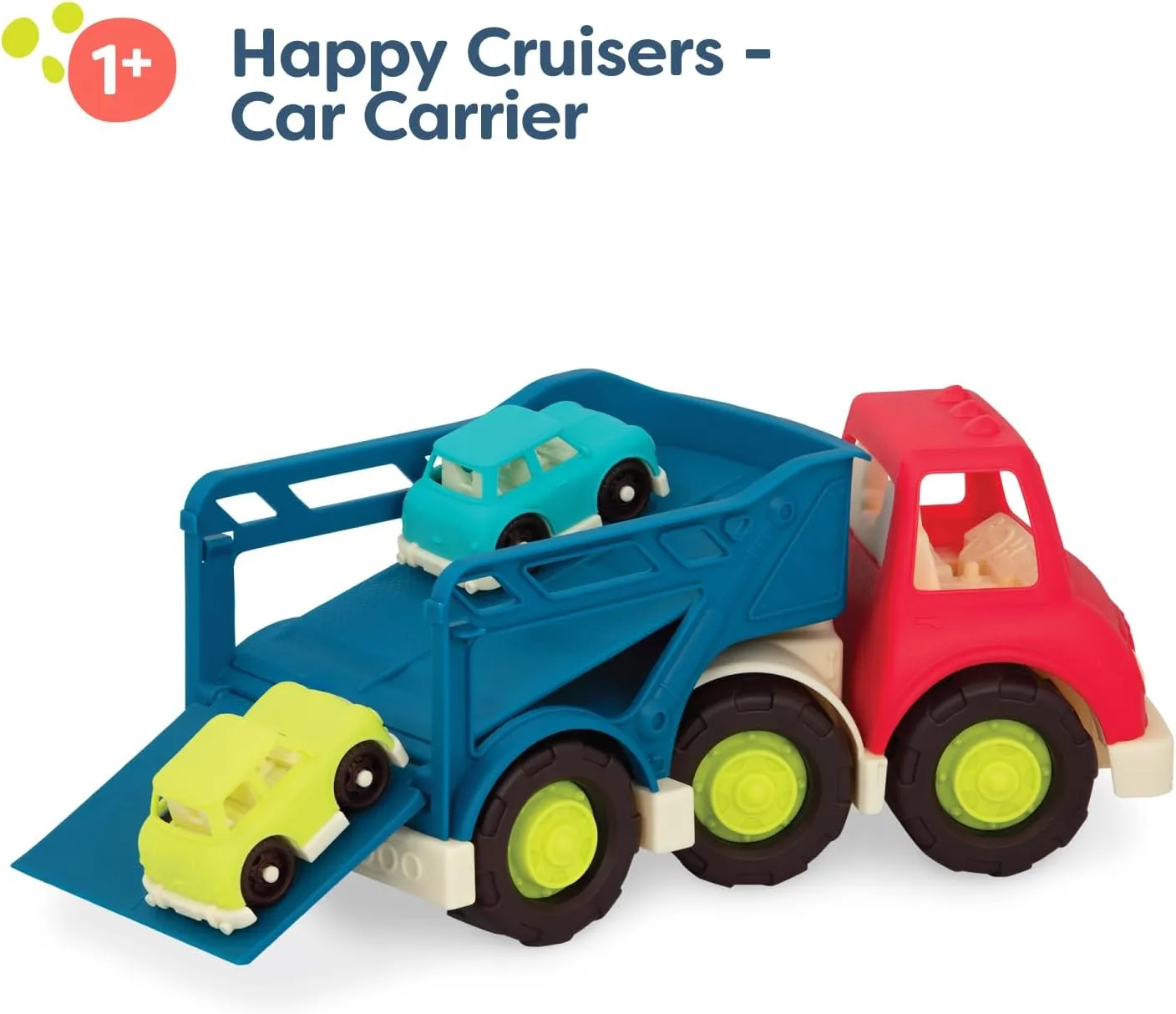 B. Toys – Car Carrier Truck – Toy Car Carrier – 2 Mini Cars – Toy Trucks for Toddlers, Kids – 12 Months   – Happy Cruisers - Car Carrier