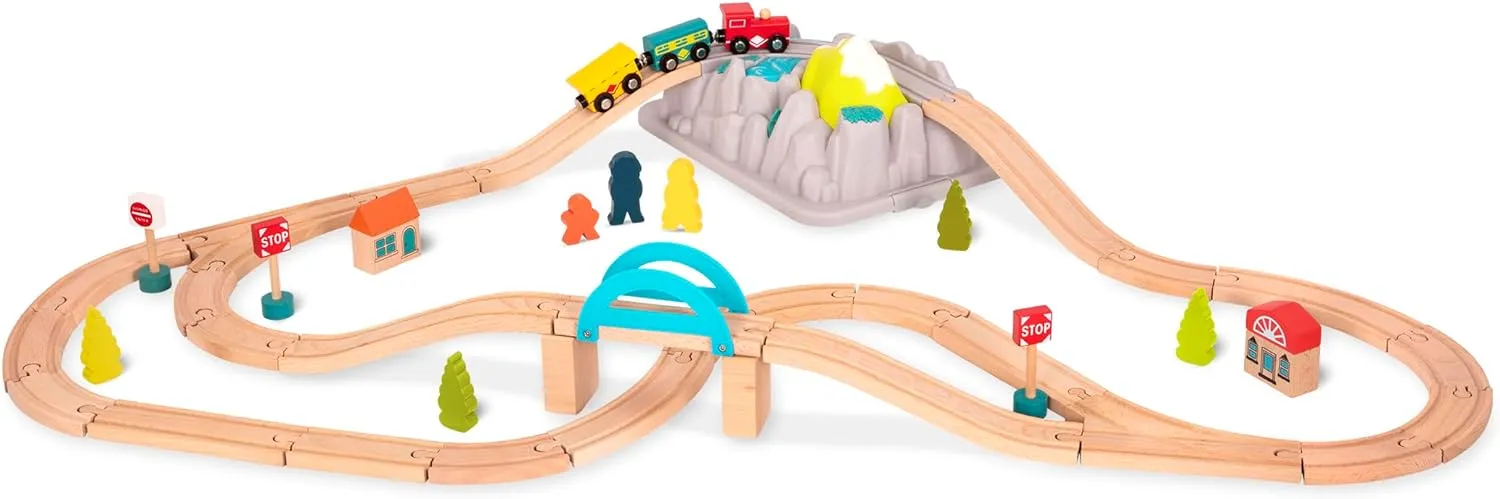 B. toys- Wood & Wheels Train Set- 47pc Wooden Train Set- Train Tracks & Accessories – Storage Bucket with Mountain Lid – Classic Toys for Toddlers, Kids – 3 Years  