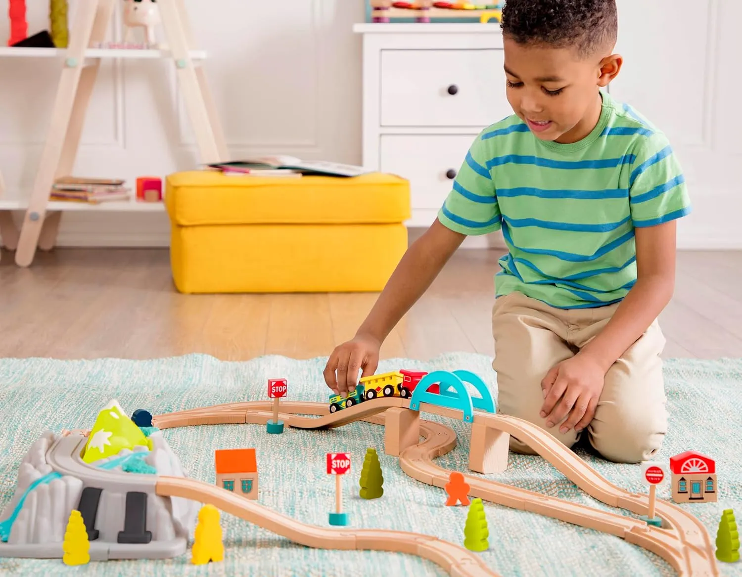 B. toys- Wood & Wheels Train Set- 47pc Wooden Train Set- Train Tracks & Accessories – Storage Bucket with Mountain Lid – Classic Toys for Toddlers, Kids – 3 Years  