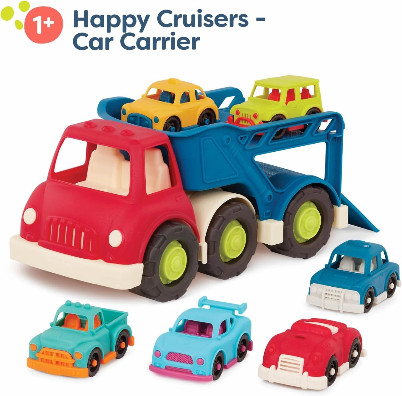 B. toys – Car Carrier Truck – Toy Car Carrier – 6 Mini Cars – Toy Trucks for Toddlers, Kids – 12 Months   – Happy Cruisers - Car Carrier