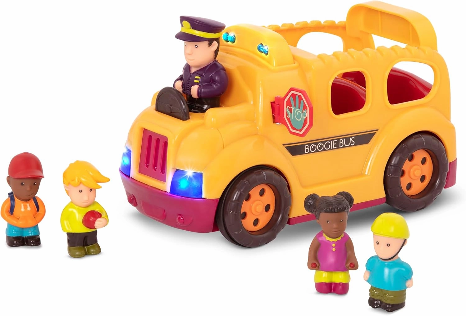 B. toys - Interactive Yellow School Bus Toy with Lights, Sounds & Dancing Passengers - Educational Vehicle Playset for Toddlers & Kids with 5 Figures - Auto-Off Battery Feature, Ages 18  Months