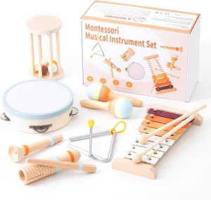 Baby Musical Instruments-Montessori Wooden Toys for Toddlers 1-3, 7-Piece Set of Neutral Colors Percussion Instruments Set with Modern Boho Xylophone for Kids Preschool Educational Birthday Gifts 3 