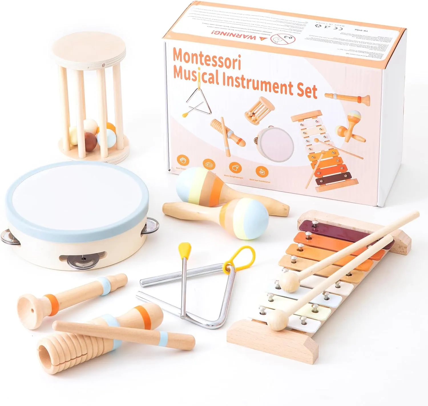Baby Musical Instruments-Montessori Wooden Toys for Toddlers 1-3, 7-Piece Set of Neutral Colors Percussion Instruments Set with Modern Boho Xylophone for Kids Preschool Educational Birthday Gifts 3 