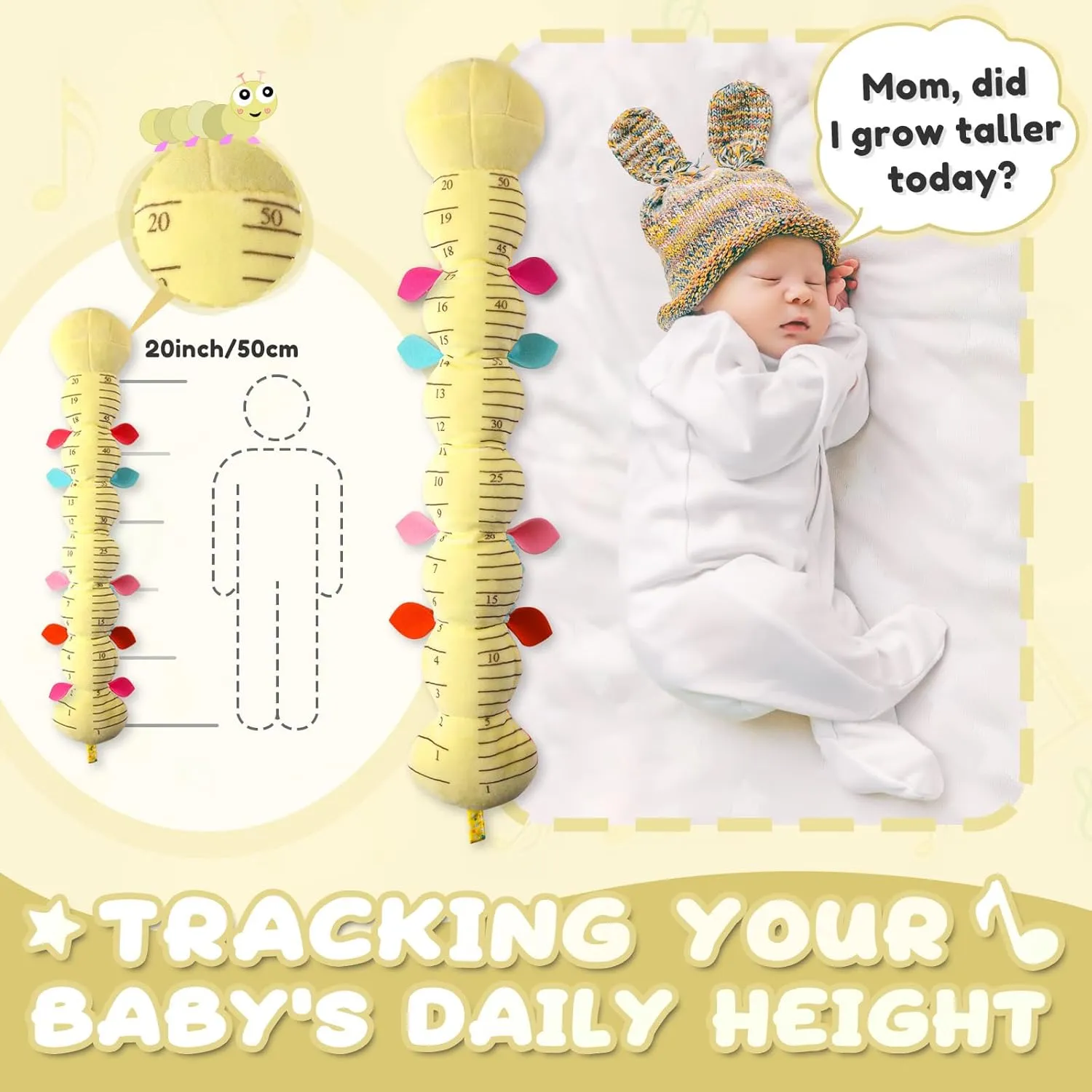 Baby Toys 0 to 12 Months, Musical Stuffed Animal Activity Soft Toys with Multi-Sensory Crinkle, Rattle and Textures, Infant Tummy Time Toys for Newborn Boys Girls, Caterpillar, Yellow
