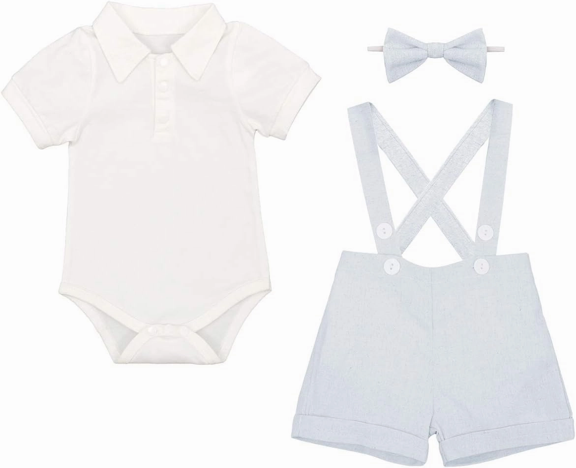 Baby Boys Formal Suit Set Short Sleeve Romper Suspenders Shorts Pants Bowtie Wedding Tuxedo Outfits Cake Smash Clothes