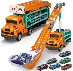 BainGesk Carrier Truck Toys for 2 3 4 5 6 Years Old Boys, 2.8 Ft Race Track Transport Cars with 6 Die-Cast Metal Toy Cars, Birthday Gifts Kids Age 3-5, Racing Toys Gifts for Toddlers