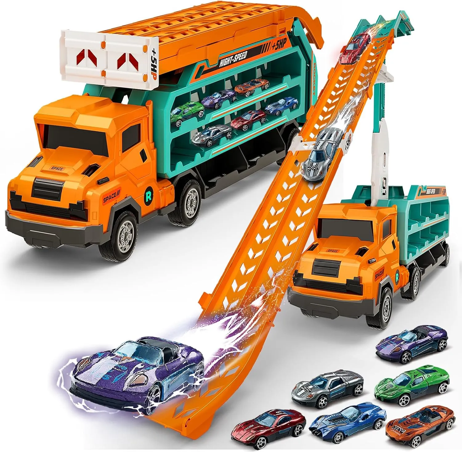 BainGesk Carrier Truck Toys for 2 3 4 5 6 Years Old Boys, 2.8 Ft Race Track Transport Cars with 6 Die-Cast Metal Toy Cars, Birthday Gifts Kids Age 3-5, Racing Toys Gifts for Toddlers
