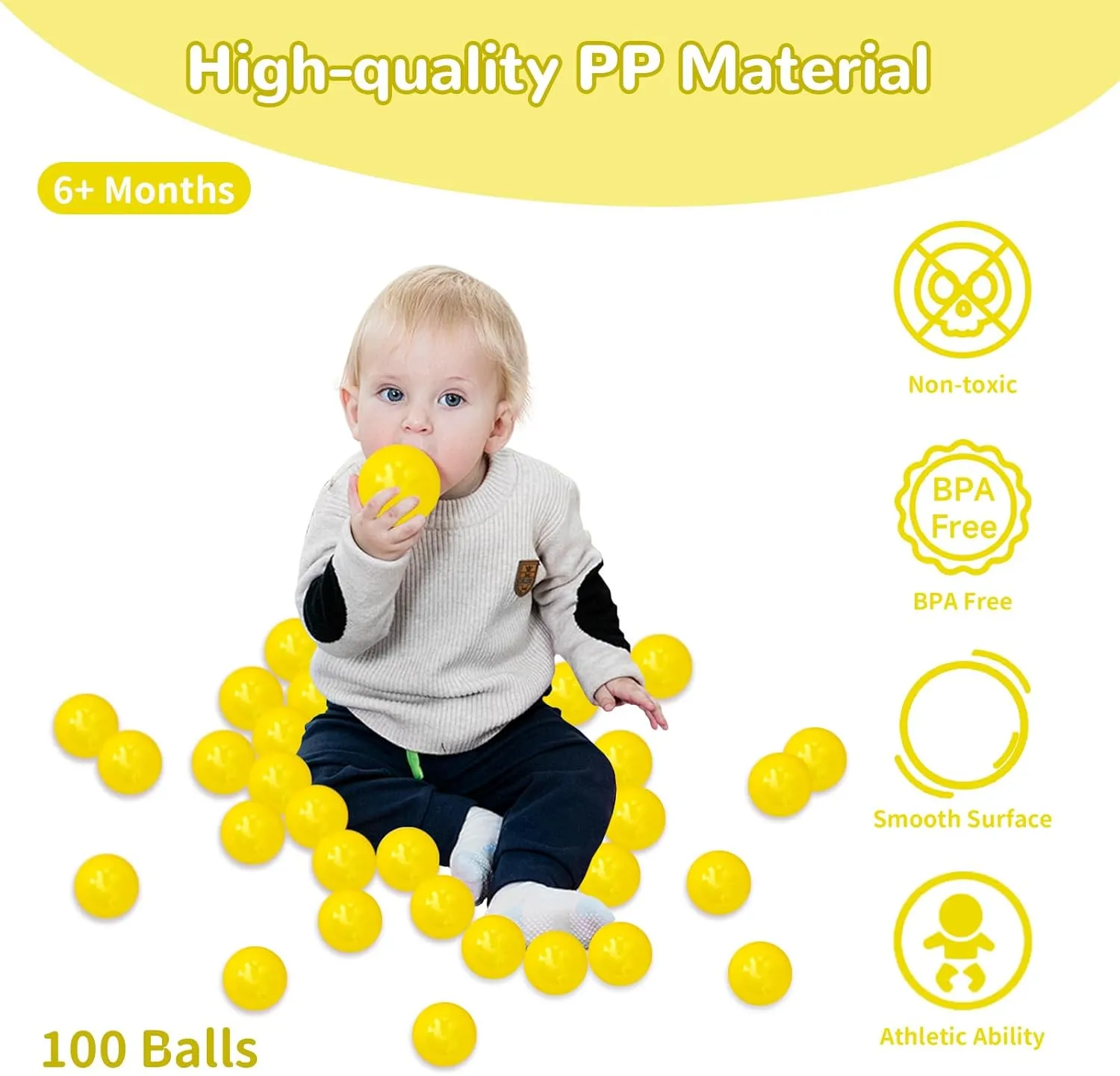 Ball Pit Balls 100 Phthalate Free BPA Free Crush Proof 2.16 Inches Plastic Balls for Ball Pit Ideal Gift for Toddlers Babies Kids Pool Water Toys Play Tent, Yellow
