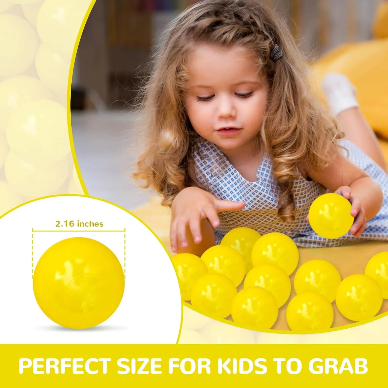 Ball Pit Balls 100 Phthalate Free BPA Free Crush Proof 2.16 Inches Plastic Balls for Ball Pit Ideal Gift for Toddlers Babies Kids Pool Water Toys Play Tent, Yellow