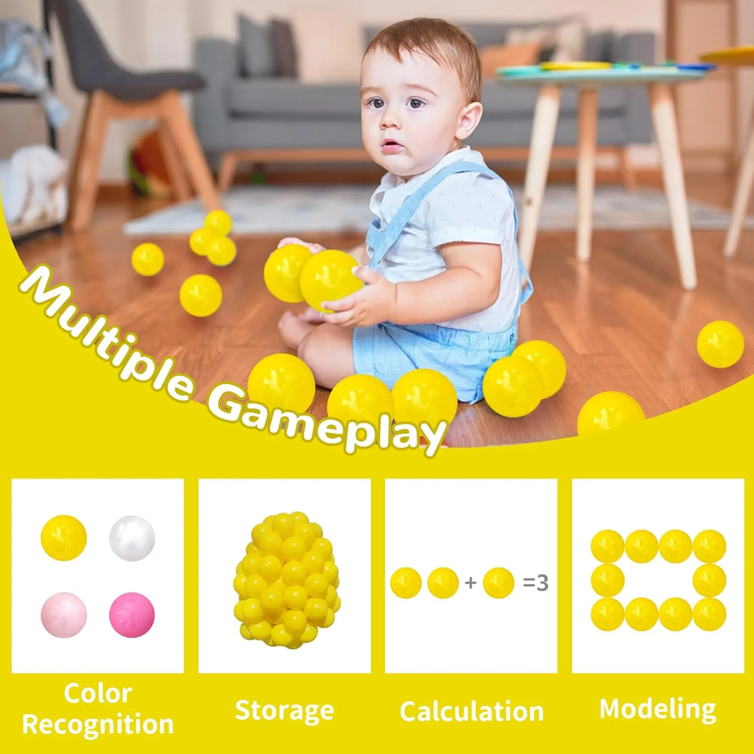 Ball Pit Balls 100 Phthalate Free BPA Free Crush Proof 2.16 Inches Plastic Balls for Ball Pit Ideal Gift for Toddlers Babies Kids Pool Water Toys Play Tent, Yellow