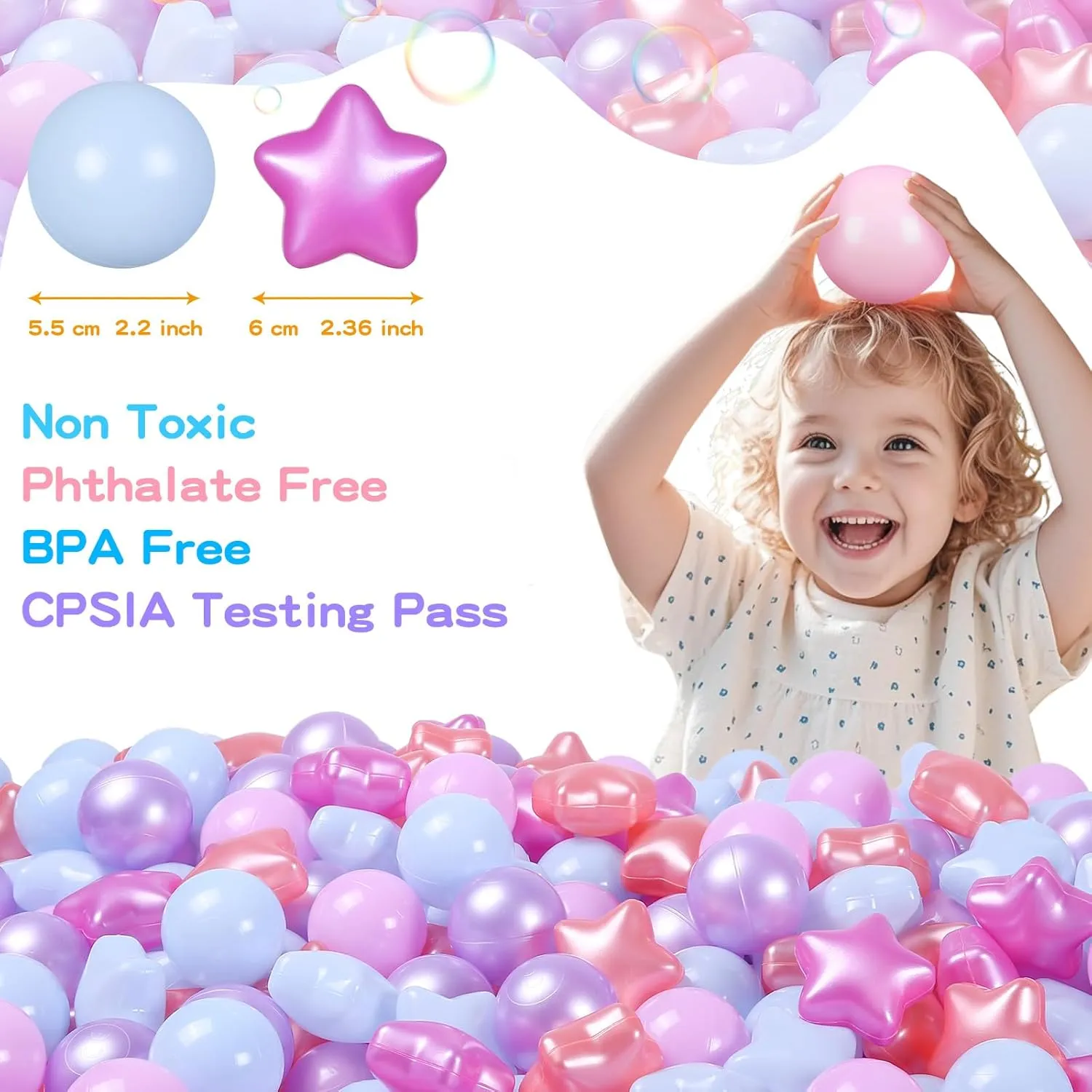 Ball Pit Balls and Stars for Ball Pits, Pack of 200 Phthalate Free BPA Free Crush Proof Plastic Toy Balls for Kids Toddlers Ball Pits, Playpen, Baby Pool, with Storage Bag Indoor Outdoor