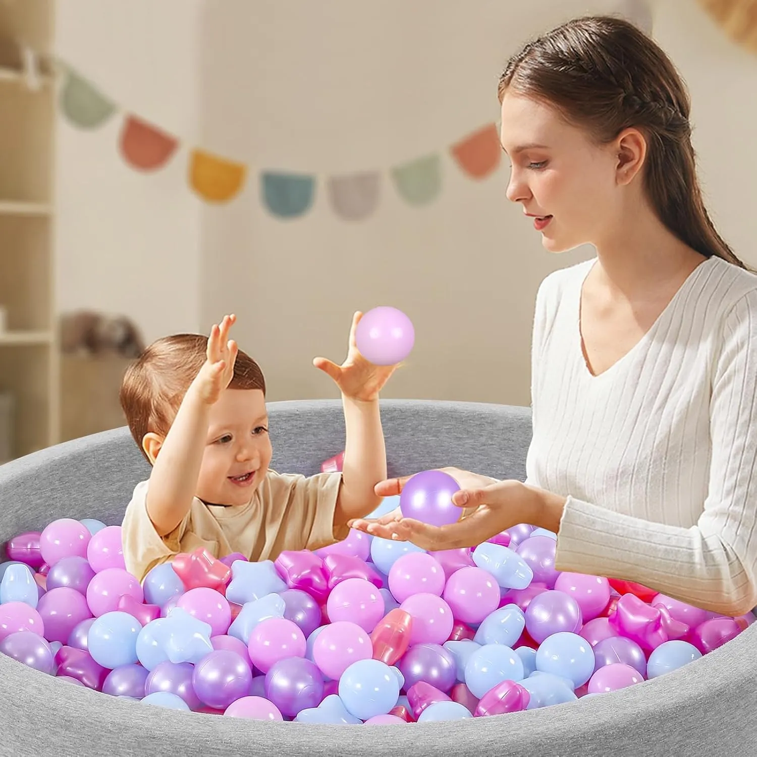 Ball Pit Balls and Stars for Ball Pits, Pack of 200 Phthalate Free BPA Free Crush Proof Plastic Toy Balls for Kids Toddlers Ball Pits, Playpen, Baby Pool, with Storage Bag Indoor Outdoor