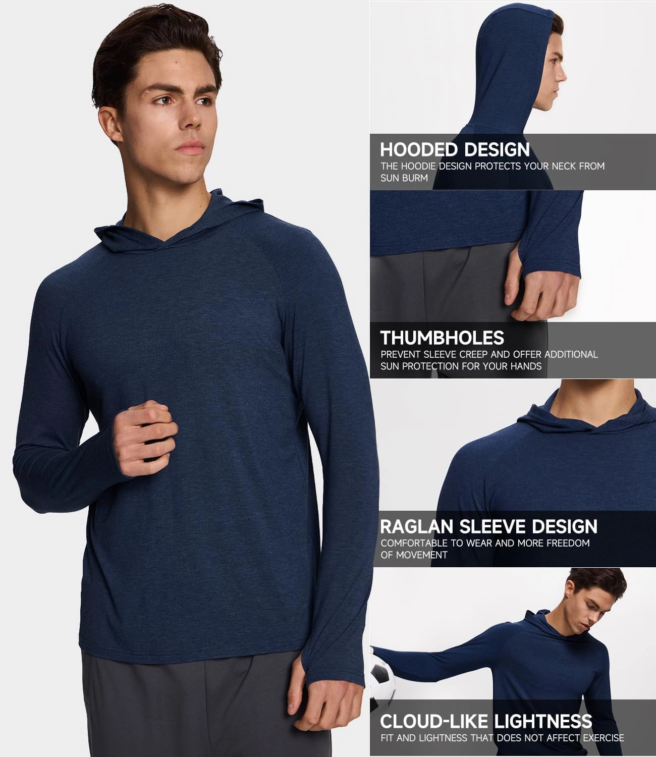 BAMBOO COOL Men's UPF 50  Athletic Hoodies Soft Lightweight Sweatshirts Long Sleeve Pullover Sun Protection Hoodie Tops