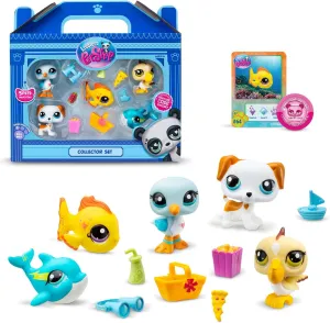 BANDAI Littlest Pet Shop Collectors 5 Pack Beach Besties, The Pack Contains 5 LPS Mini Pet Toys 7 Accessories 1 Collector Card and 1 Virtual Code, Collectable Toys for Girls and Boys