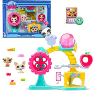 Bandai Littlest Pet Shop Fun Factory Playset LPS Playset with 2 Exclusive Pet Mini Figures 10 Accessories 1 Collector Card and Virtual Codes Animal Collectable Kids Toys for Girls and Boys, BF00519