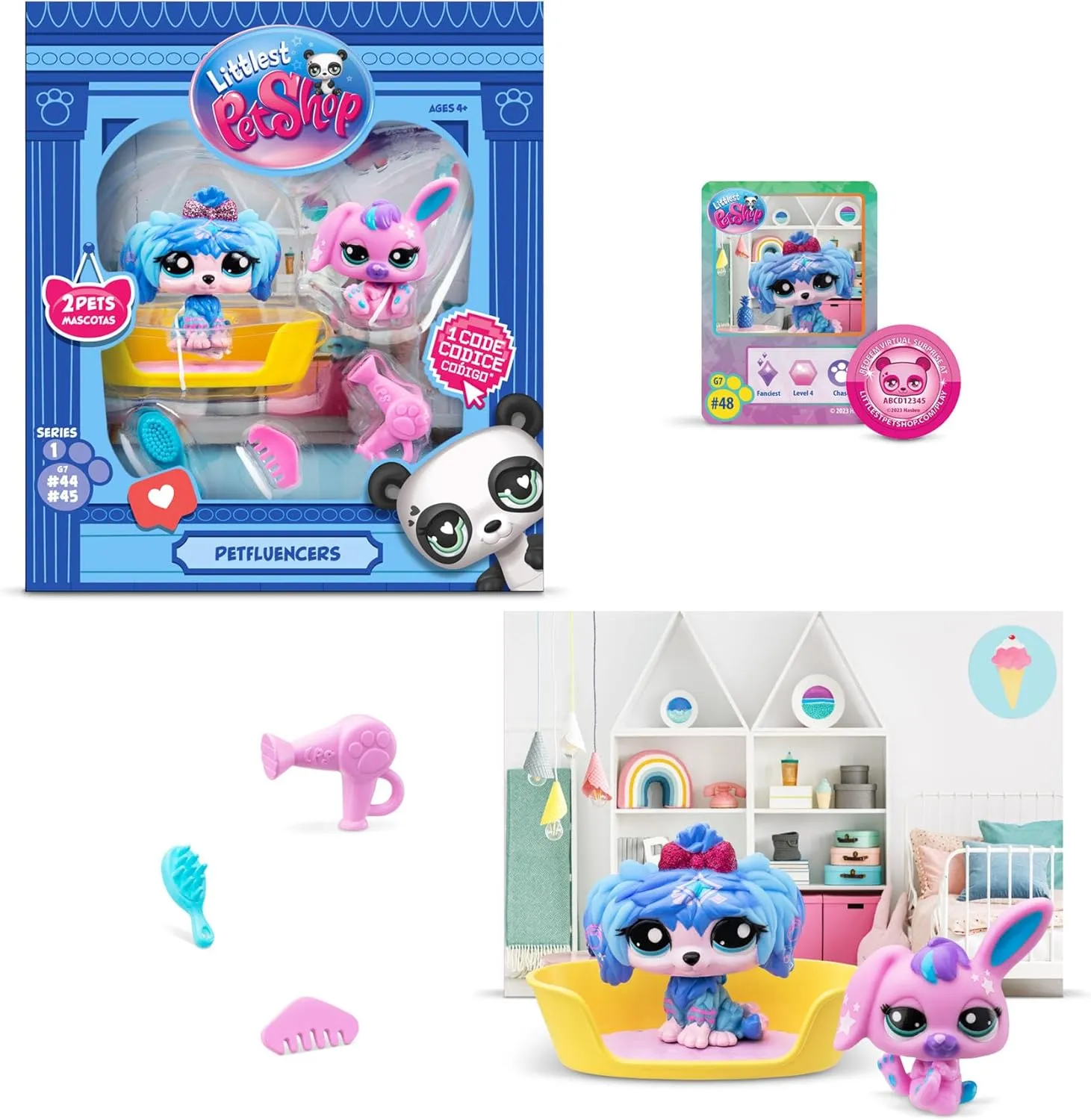 BANDAI Littlest Pet Shop Petfluencer Super Salon | Petfluencer Set Contains 2 LPS Mini Pet Toys 4 Accessories 1 Backdrop 1 Collector Card and 1 Virtual Code | Collectable Toys for Girls and Boys