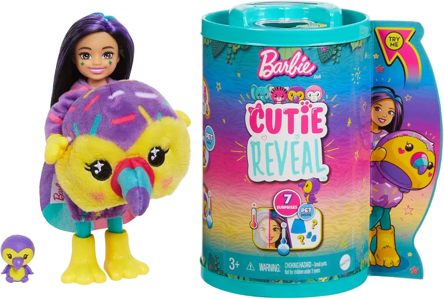 Barbie Cutie Reveal Chelsea Small Doll, Jungle Series Toucan Plush Costume, 7 Surprises Include Mini Pet & Color Change