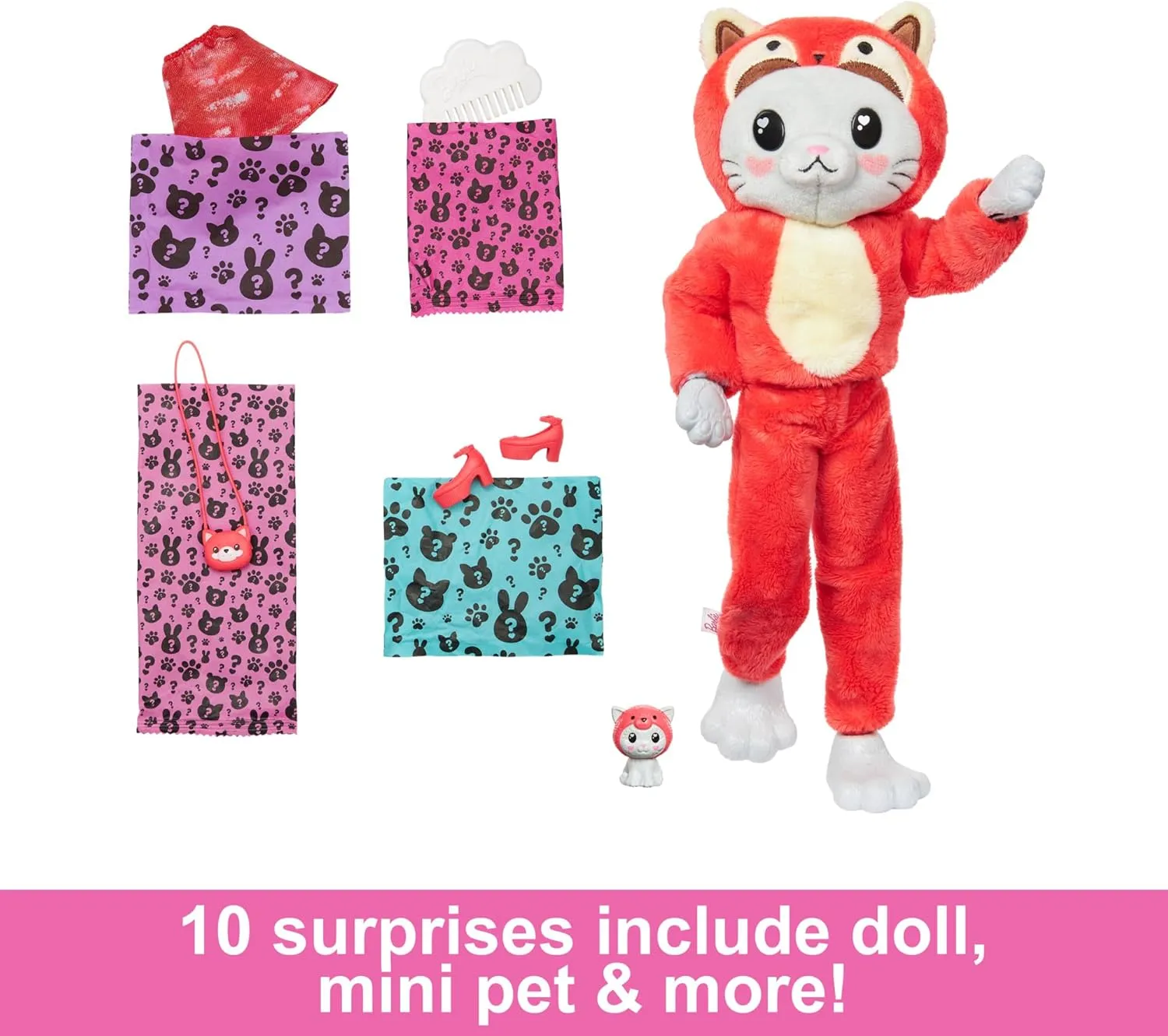 Barbie Cutie Reveal Doll & Accessories with Animal Costume & 10 Surprises Including Color Change, Kitten as Red Panda in Costume-Themed Series