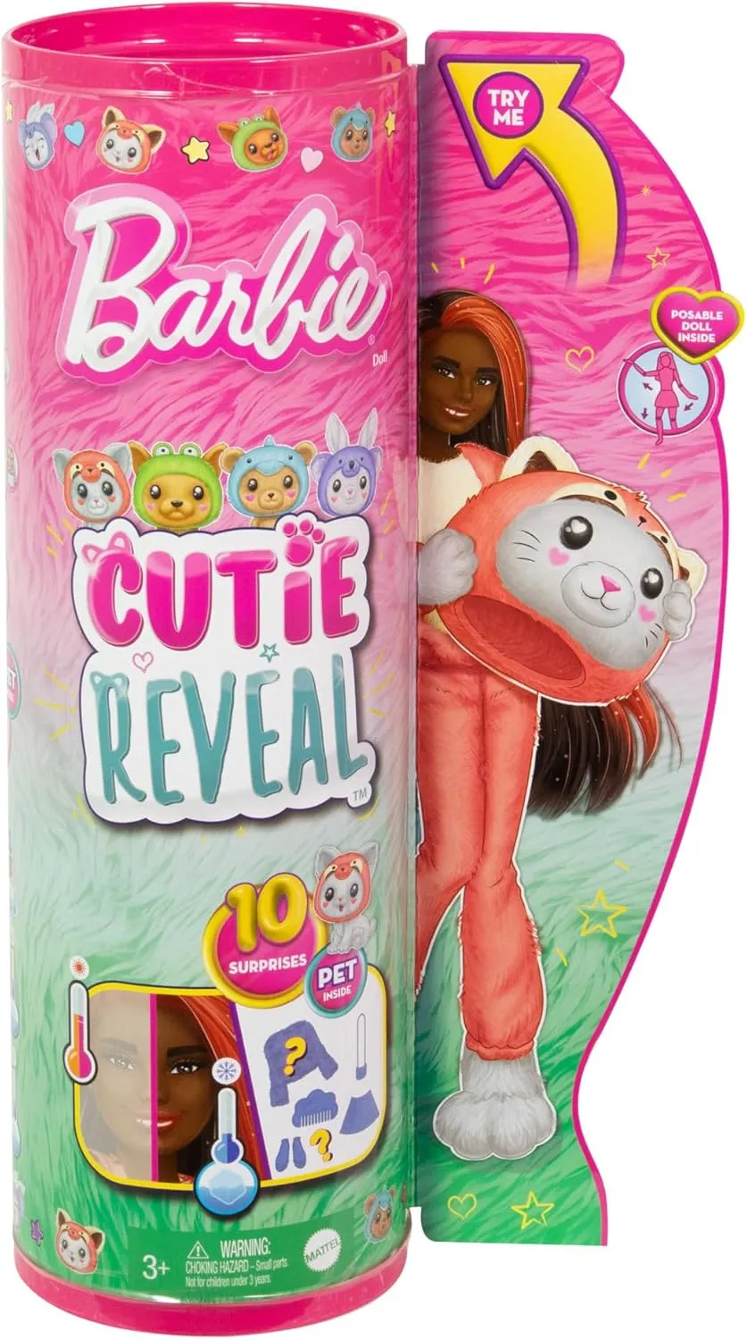 Barbie Cutie Reveal Doll & Accessories with Animal Costume & 10 Surprises Including Color Change, Kitten as Red Panda in Costume-Themed Series