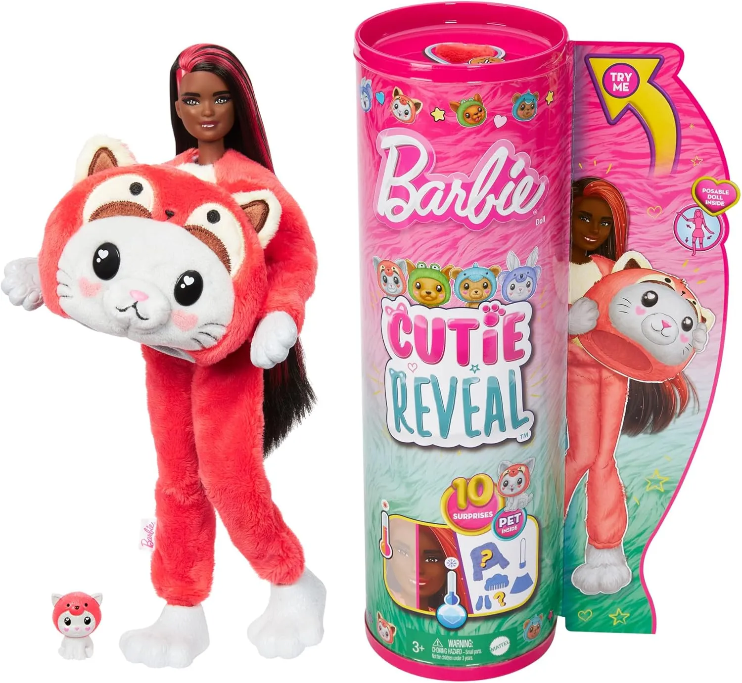 Barbie Cutie Reveal Doll & Accessories with Animal Costume & 10 Surprises Including Color Change, Kitten as Red Panda in Costume-Themed Series