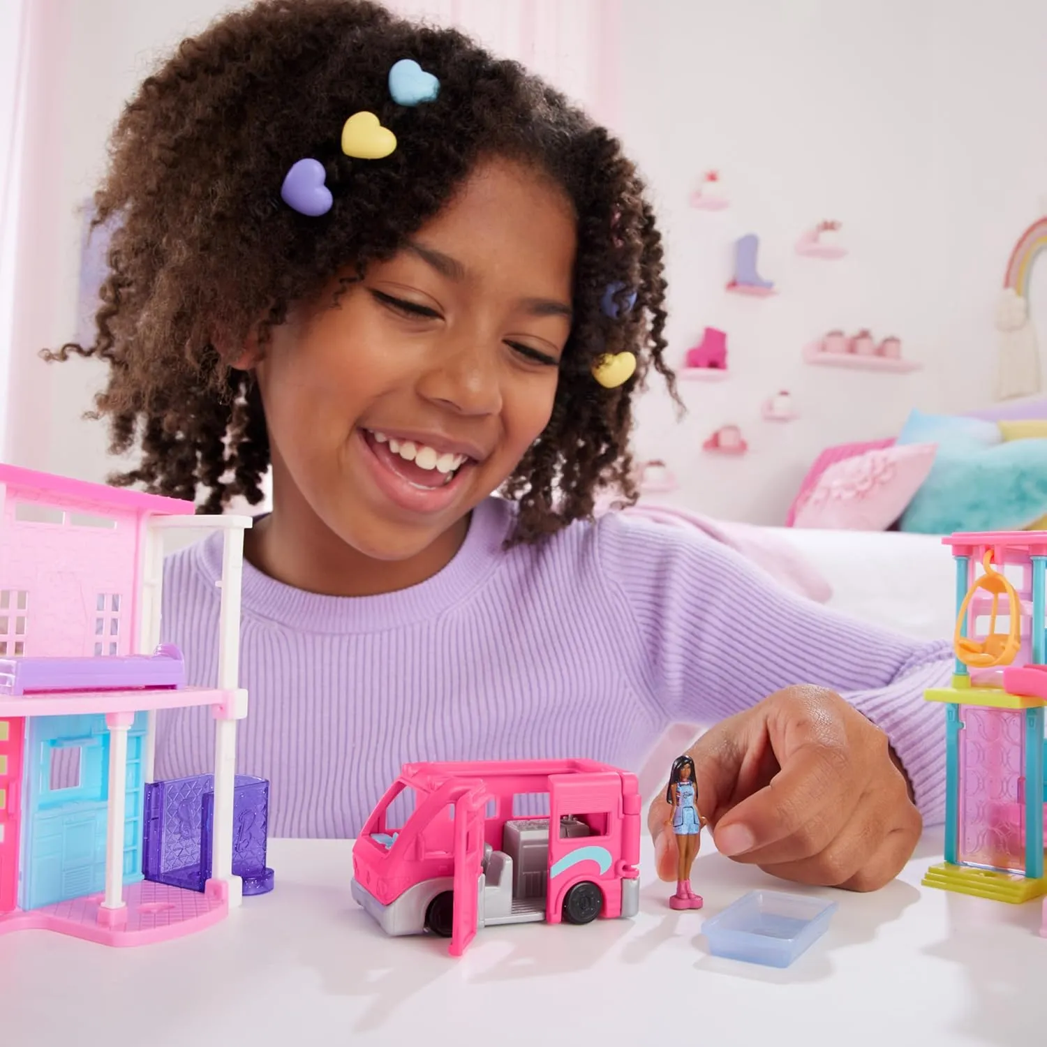 Barbie Mini BarbieLand DreamHouse & 3-Vehicle Playset with 4 1.5-Inch Dolls, Doll House Furniture & Accessories, Includes DreamCamper, Boat & Plane