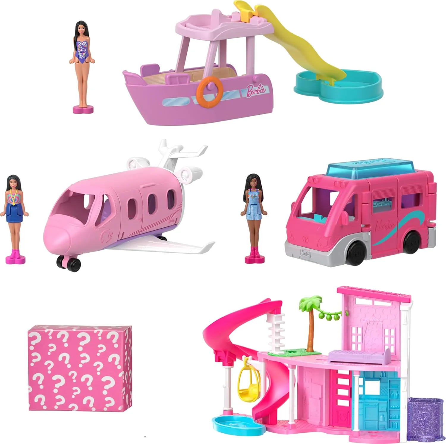Barbie Mini BarbieLand DreamHouse & 3-Vehicle Playset with 4 1.5-Inch Dolls, Doll House Furniture & Accessories, Includes DreamCamper, Boat & Plane