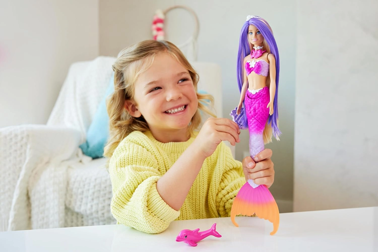 Barbie Mermaid Doll, “Malibu” with Pink Hair, Styling Accessories, Pet Dolphin and Water-Activated Color Change Feature