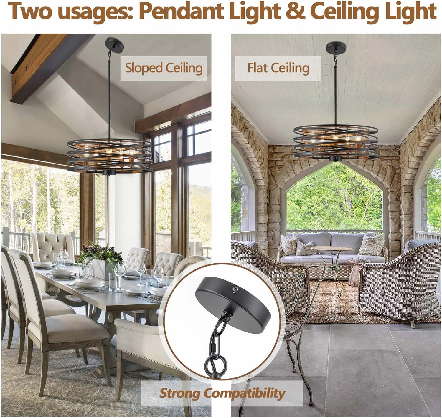 Bargeni Chandeliers,20 Inch Dining Room Light Fixture,Matte Black Dining Room Chandelier with Wood-Like Interior,5-Light Farmhouse Chandelier for Kitchen Island,Living Room,Foyer,Stairway